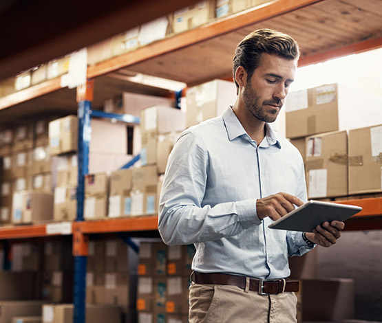 Man using shipping software in warehouse